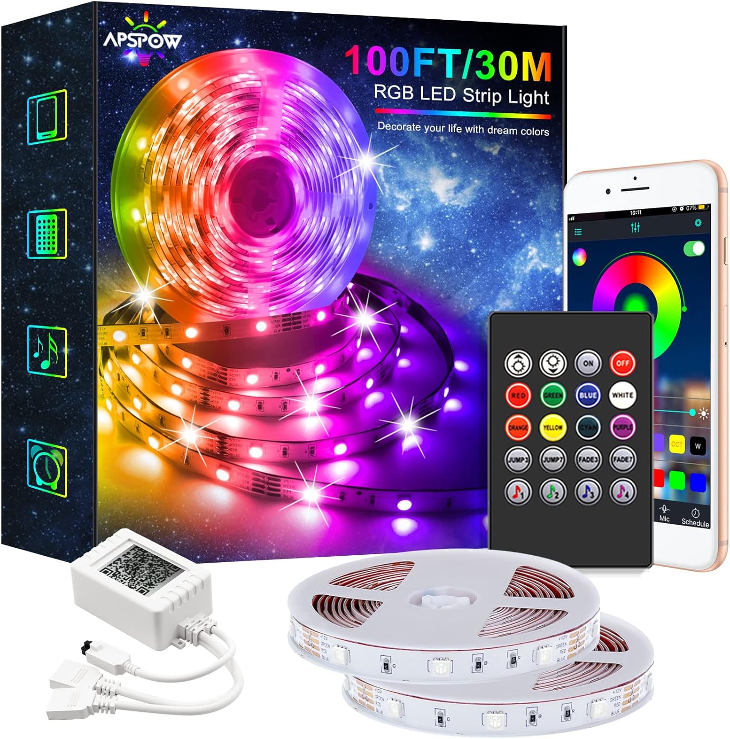 APSPOW 100FT Color Changing LED Strip Lights